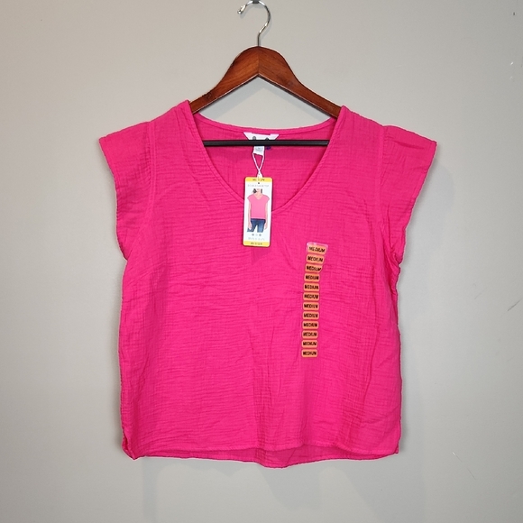 NWT Three Dots Fuchsia Double Gauze Cap Sleeve Top Size Medium‎ - Picture 1 of 11